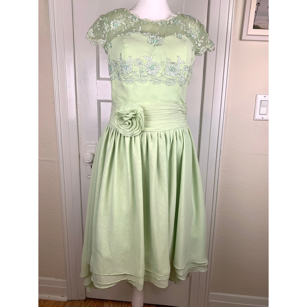 Sage Green 1950s Vintage Style Cocktail Dress Courthouse Wedding Chiffon Size M - Picture 14 of 16